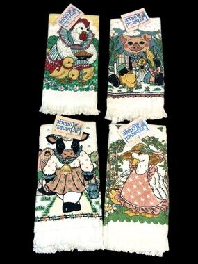 Vintage Enchanted Cottage Goose Chicken Cow Pig Kitchen Hand Towel Lot of 4 New